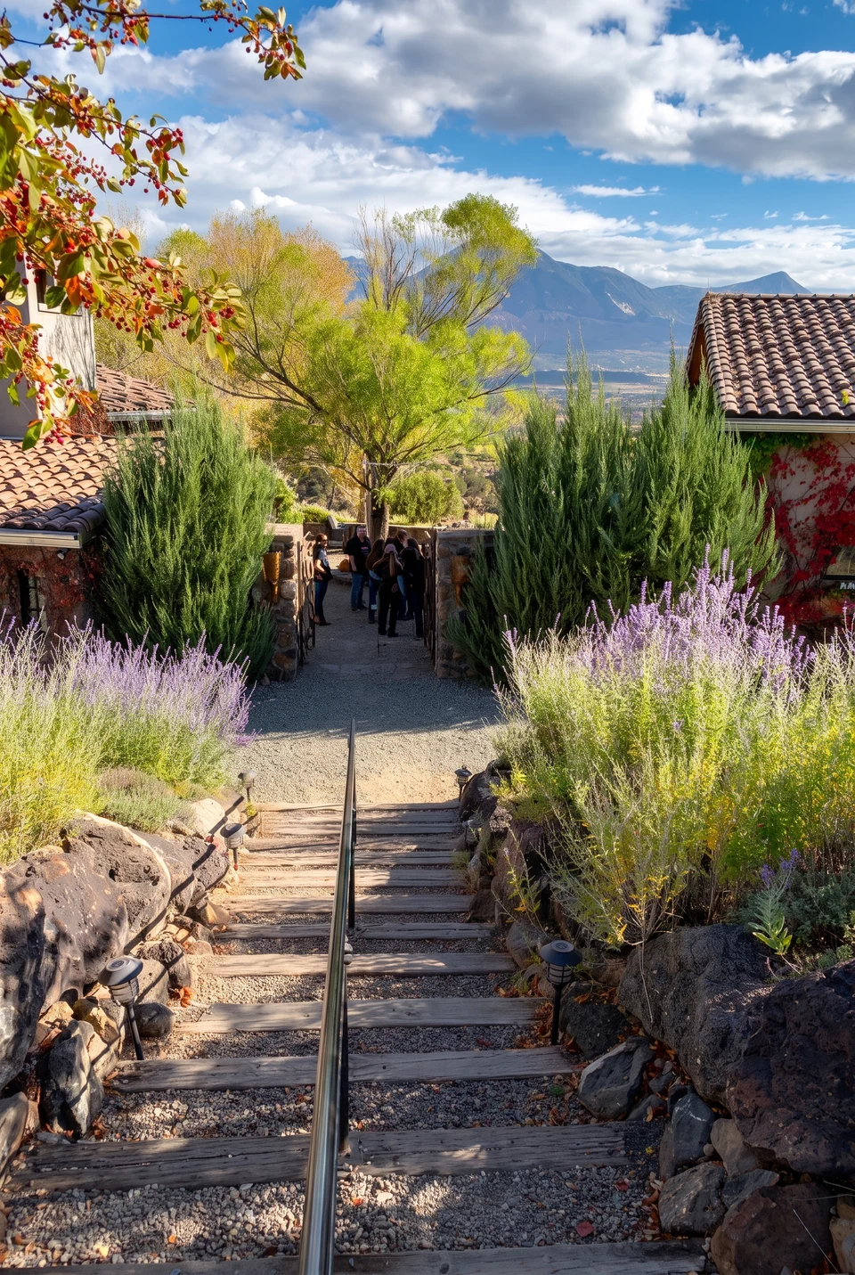 Steps lead through a planted garden toward a small group, tiled roofs and mountains