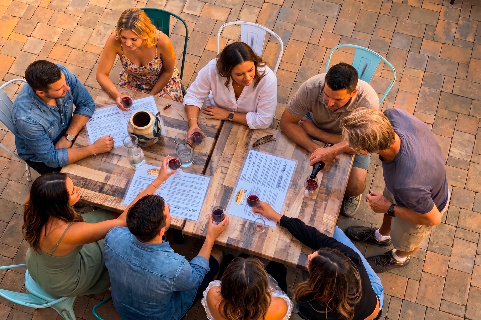A group gathered around an outdoor table as red wine is poured into tasting glasses