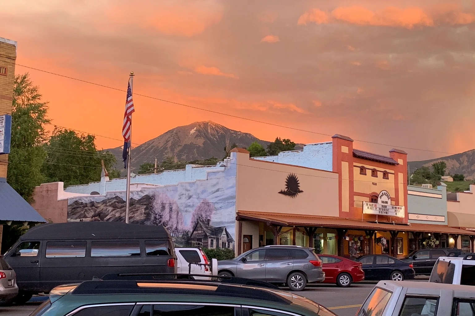 Orange sunset above downtown Paonia and Mount Lamborn