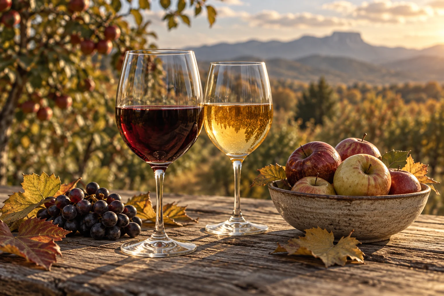 AI-generated illustration of wine, cider, apples and grapes on an autumn orchard table