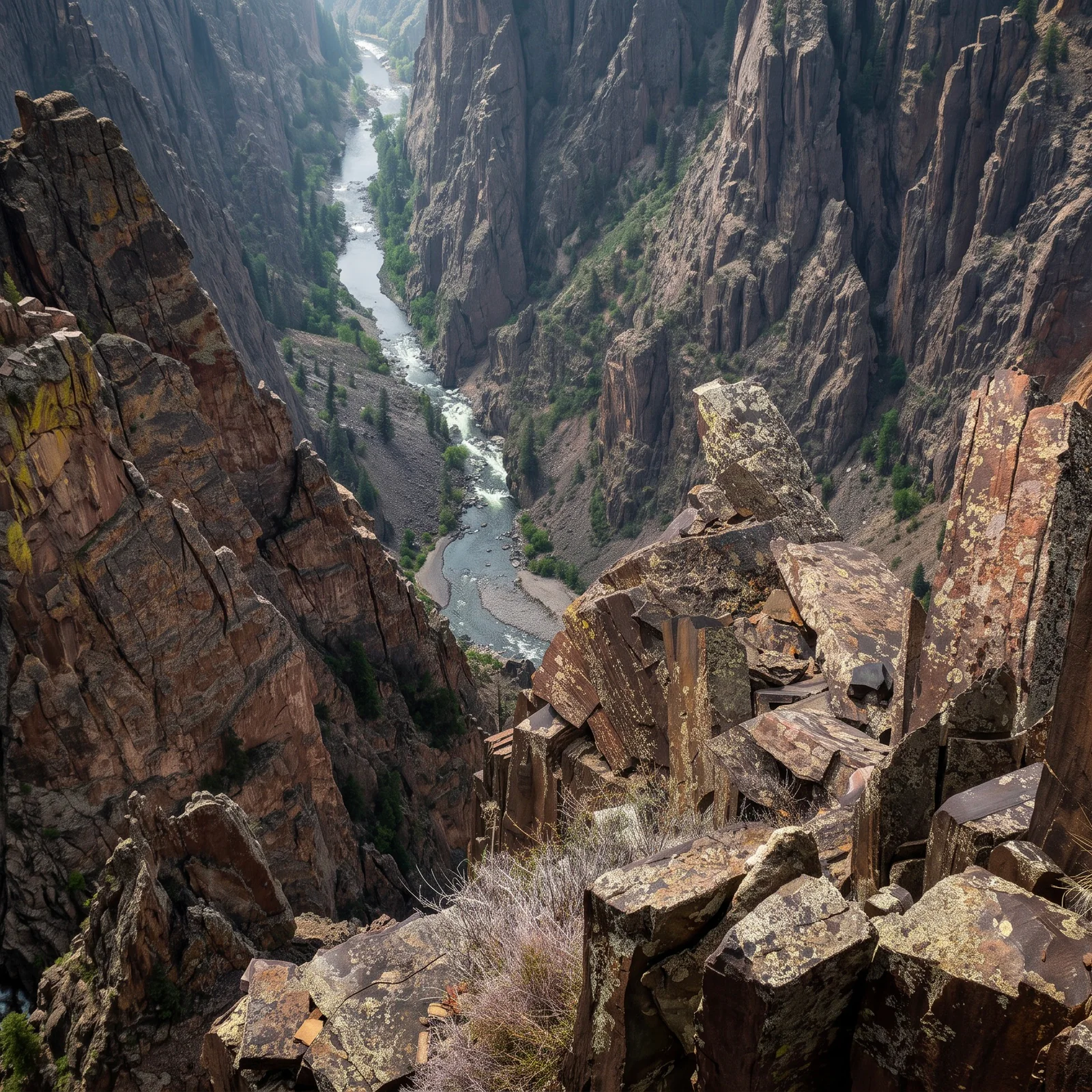 A river winding through the steep rock walls of Black Canyon of the Gunnison