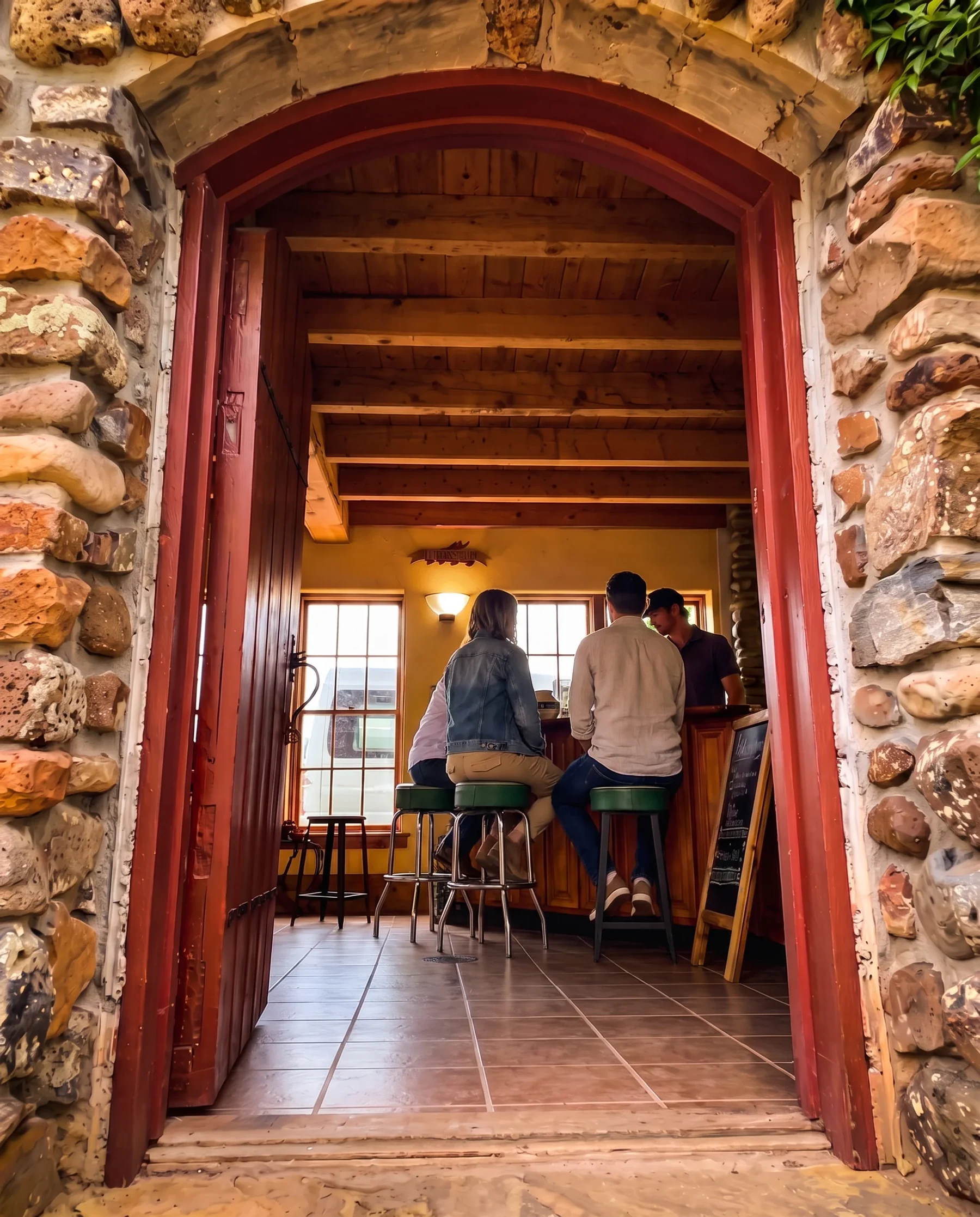 Guests seated at a winery tasting bar framed by a stone doorway