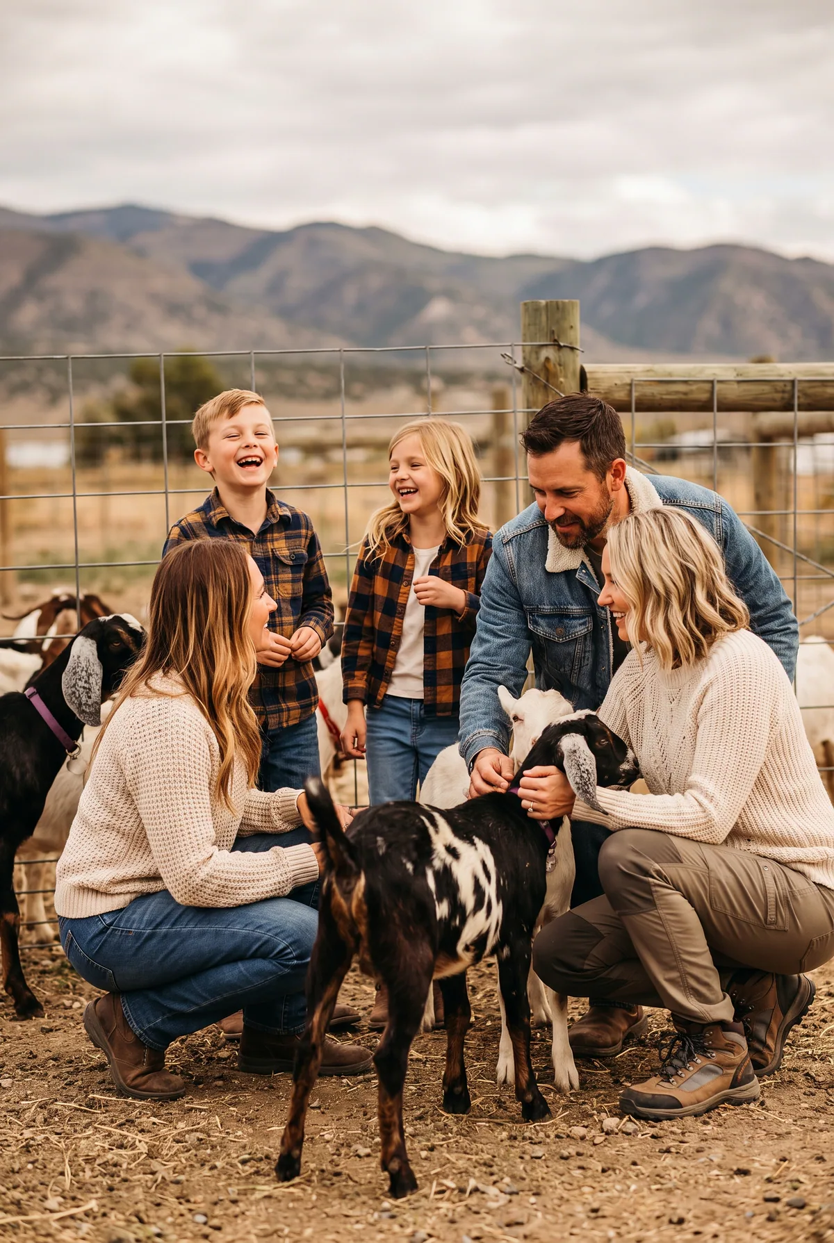 A family visiting goats on a Western Colorado farm