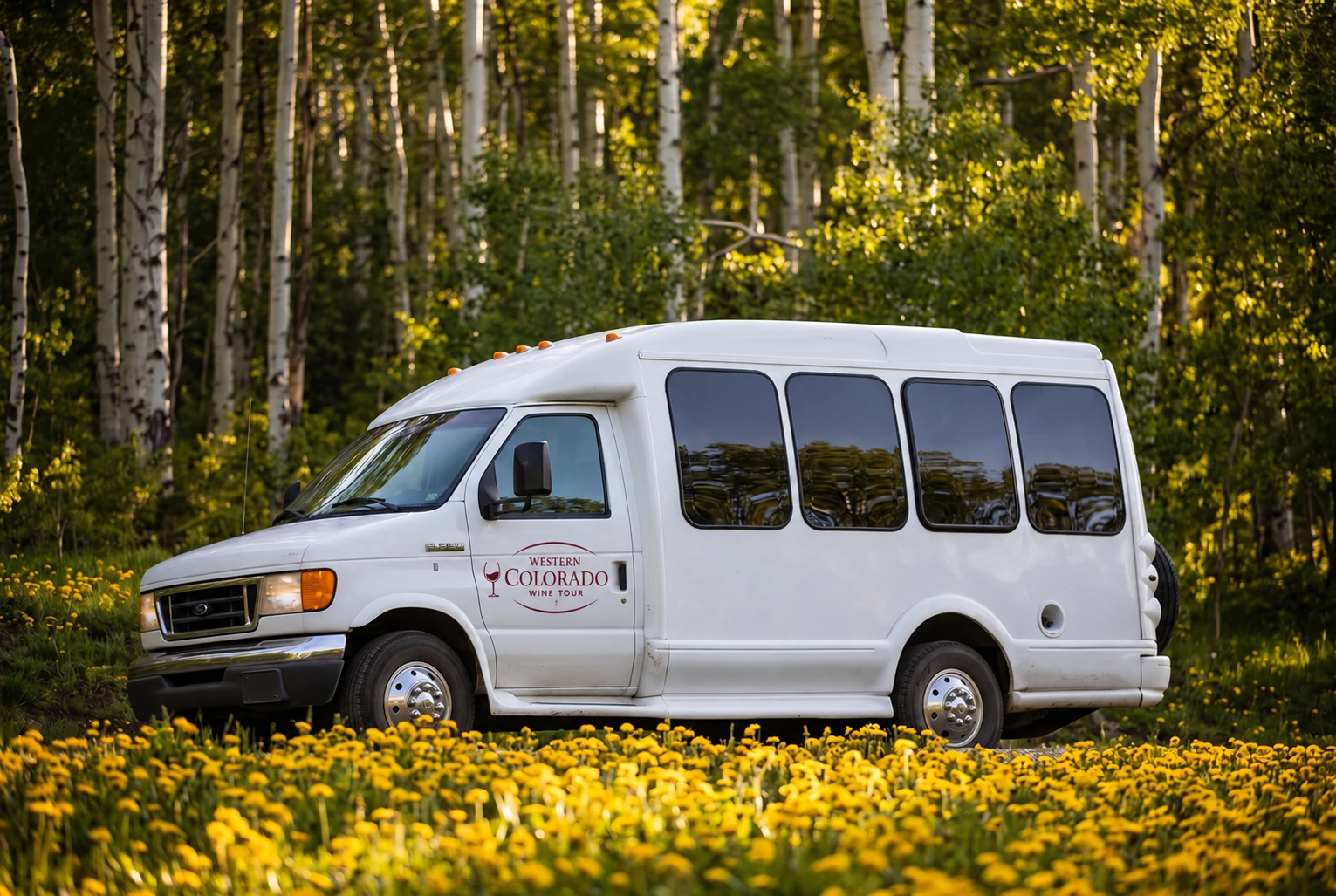 Hoss, the white high-roof Western Colorado Wine Tour van, parked among aspens and wildflowers