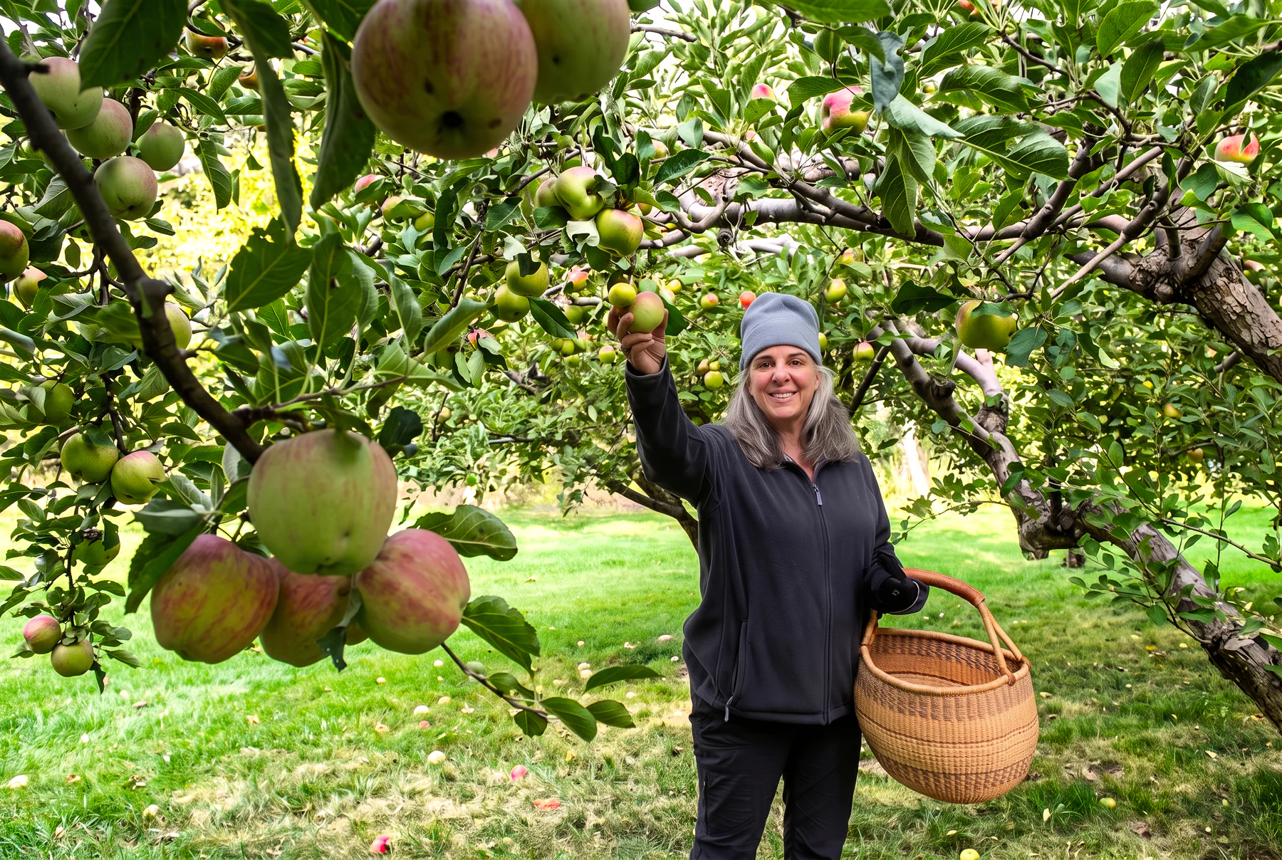 Jo Ann wearing a beanie and holding a basket while picking apples in an orchard