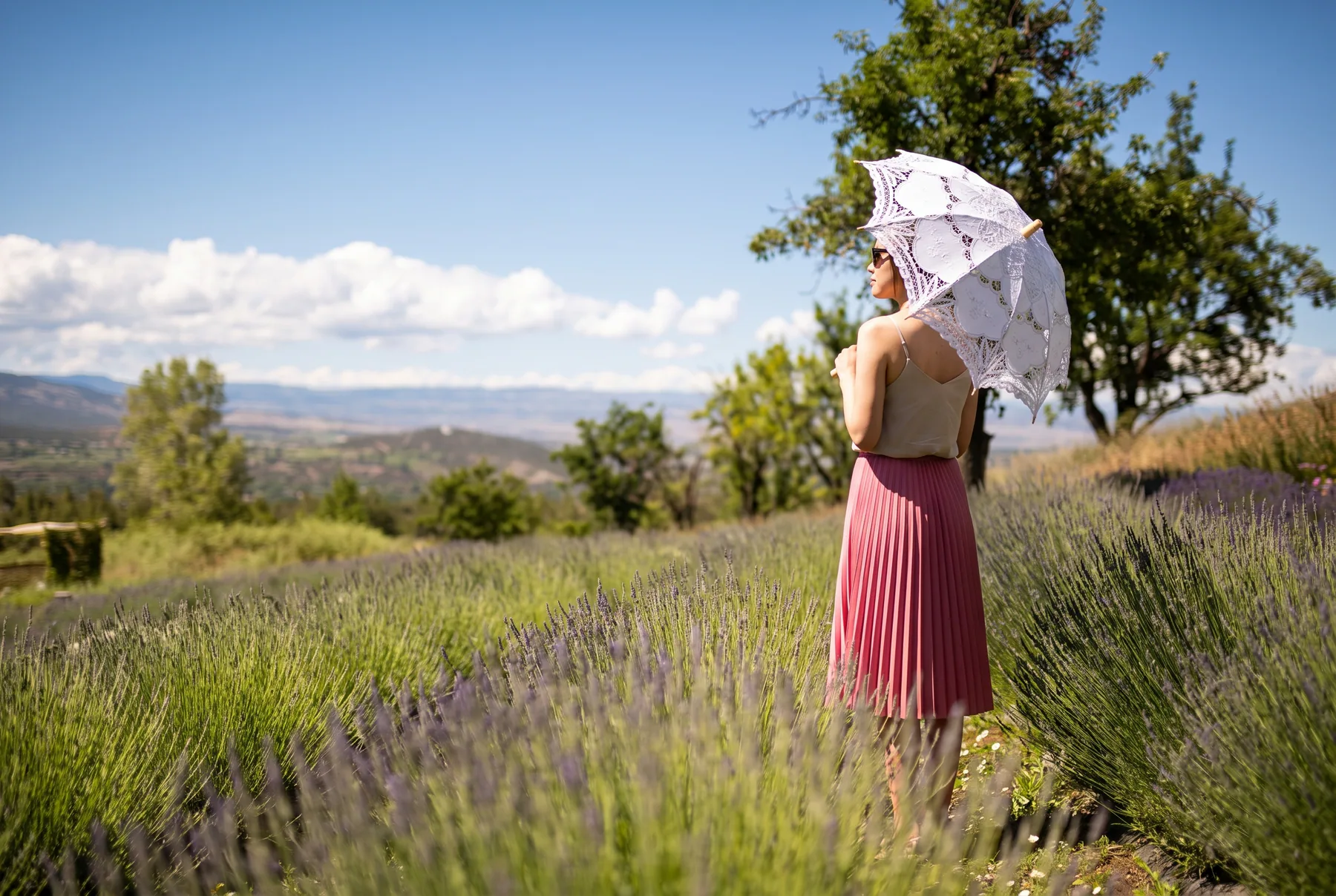 A visitor standing among lavender rows in Western Colorado