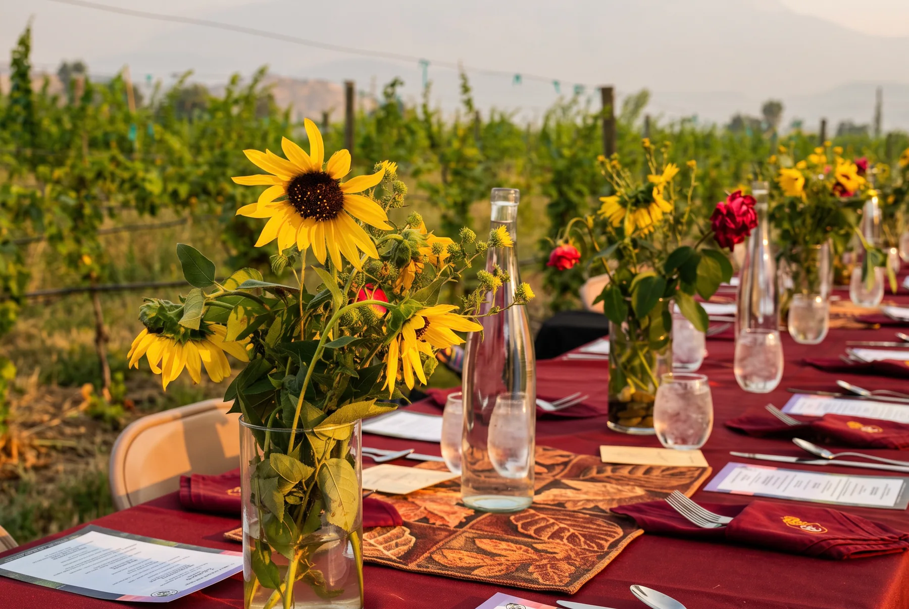 An outdoor vineyard dinner table set with flowers and wine glasses
