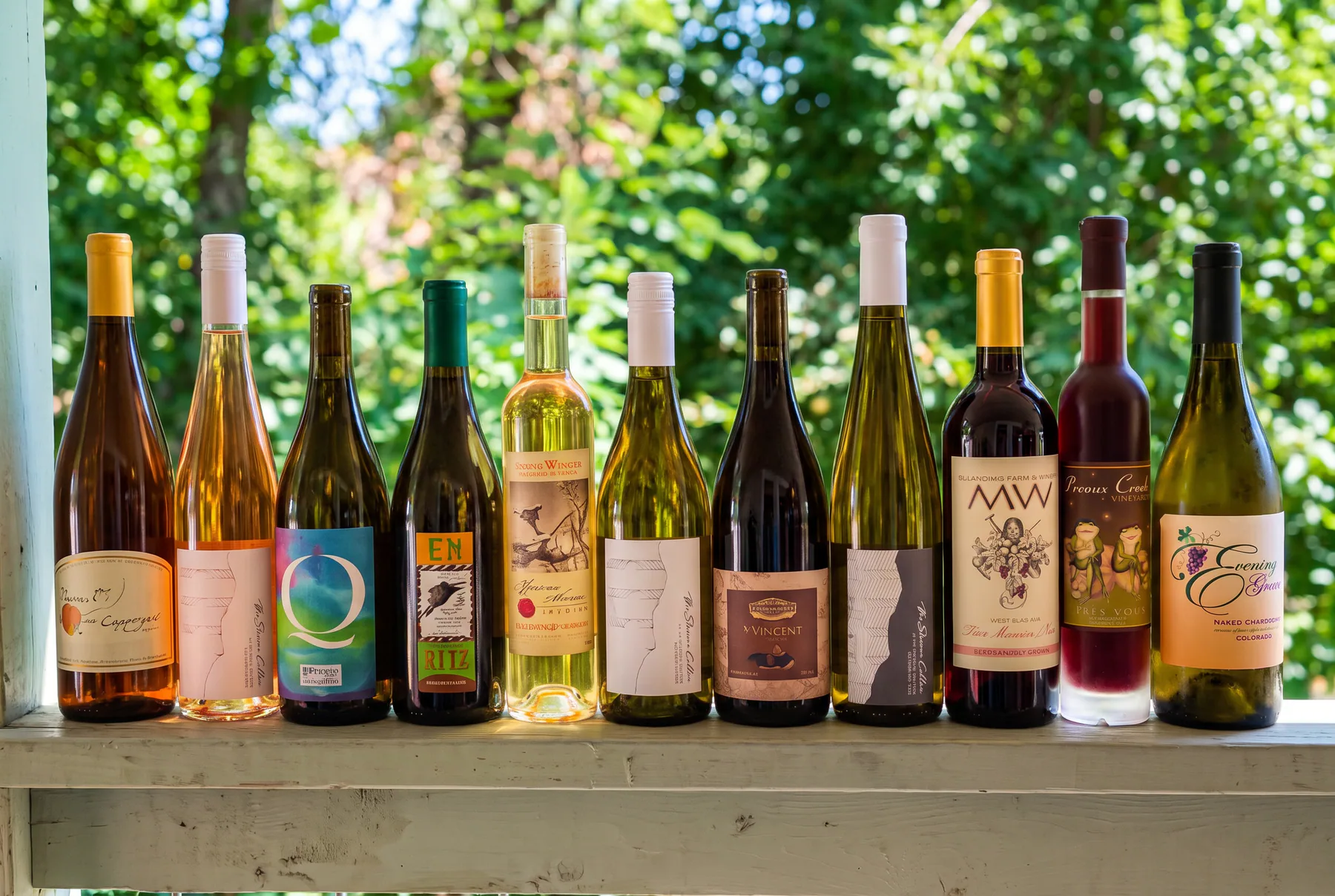 A selection of West Elks wine bottles displayed against leafy vines