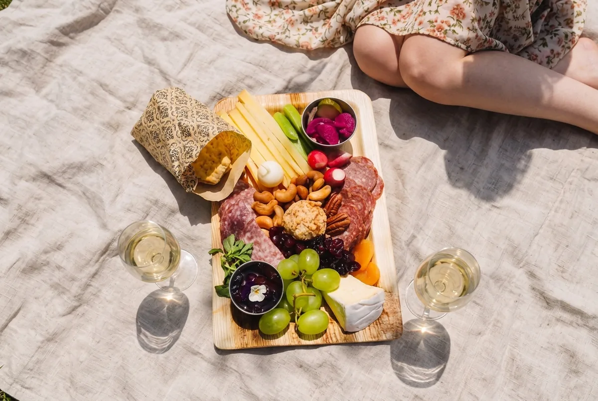 Charcuterie board and two glasses of white wine arranged for an outdoor picnic