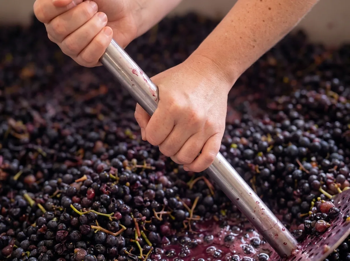 Winemaker punching down freshly crushed red wine grapes