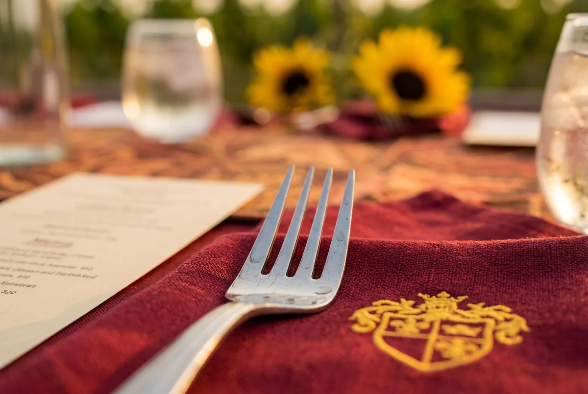 Outdoor wine-country dinner place setting with a burgundy napkin and sunflowers